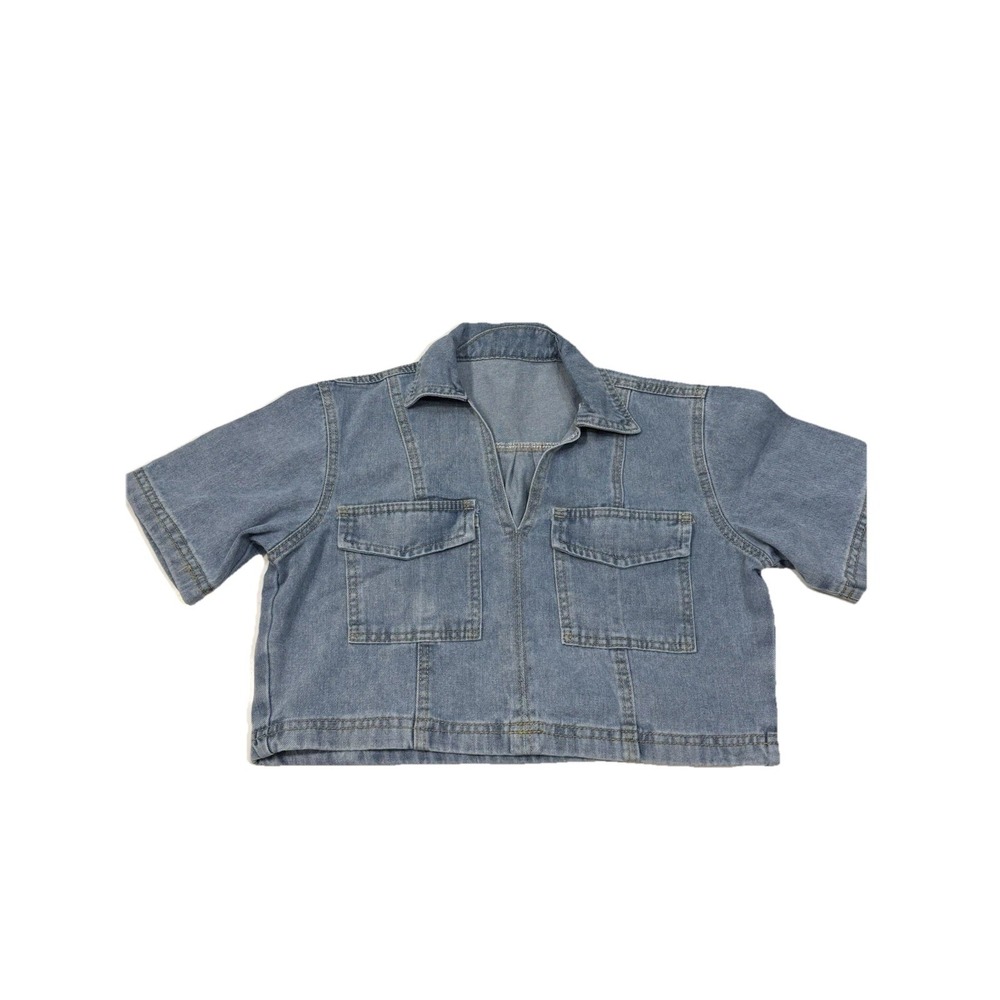 Womens Medium Wash Denim Short Sleeve Crop Top Split V-Neck Utility Shirt Small